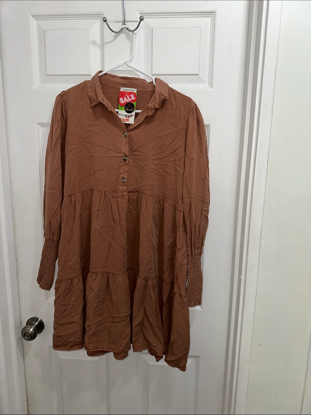Carole Christian Smocked Cuff Tiered Long-Sleeve Dress in Rust Brown